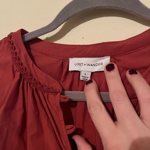 Lost + Wander Rust Short Puff Sleeve V Neck Cinched Waist Mini Dress - Picture 7 of 9